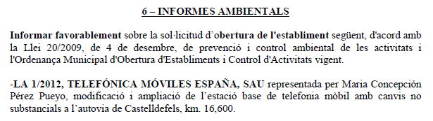 Acord de la Junta de Govern Local de l'Ajutament de Gav� que permetr� la modificaci� i ampliacai� de l'estaci� de telefonia m�bil de TELEF�NICA a Gav� Mar (25 de Setembre de 2012)